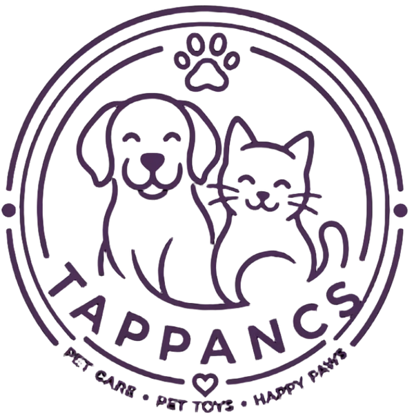Logo of Tappancs featuring a dog and cat with paw prints and text about pet care and toys.
